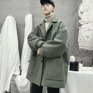 风衣男中长款韩版潮流百搭宽松毛呢大衣秋季情侣短款翻领呢子外套图片