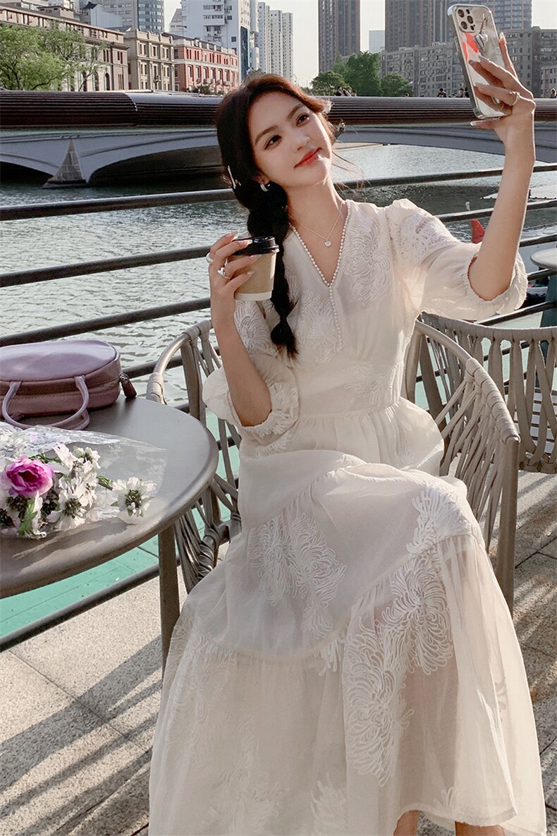法式气质仙女连衣裙女装2025夏季新款灯笼袖初恋收腰大摆长款裙子,女装连衣裙,天使之佳话