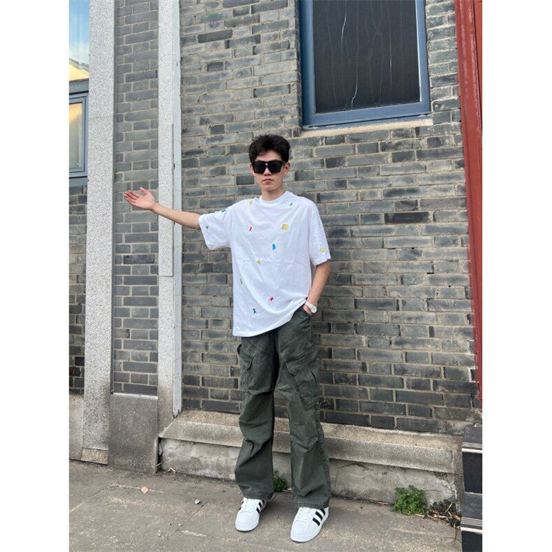 M525-P35拼图小人刺绣美式复古宽松休闲圆领短袖T恤男女同款,男装T恤,星座617A-1（原B318A）