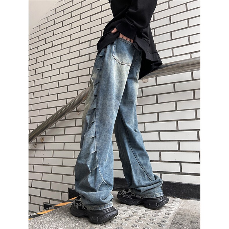 港风秋款男牛仔裤渐变色褶皱直筒宽松休闲长裤NK8056P55,男装牛仔裤,星座1013-1