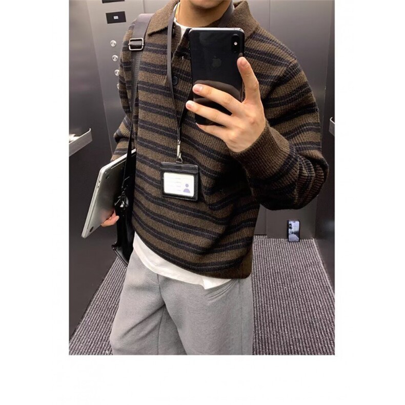 高端款男士秋冬季套头毛衣针织衫polo翻领毛衣复古条纹上衣,男装针织衫/毛衣,星座506A
