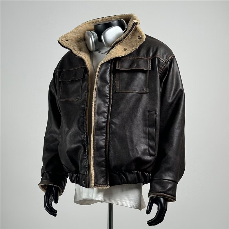 潮流做旧复古羊羔毛皮衣棉服男女款工装飞行员棉服外套TT187P125，男装皮衣，星座1013-5