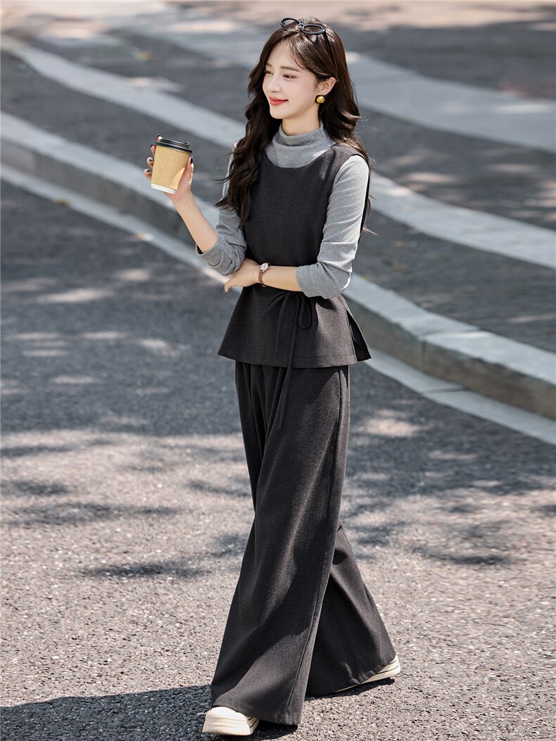 春秋套装裤女2025新款复古小香风绑带收腰打底衫马甲阔腿裤套装裙,女装套装/套裙,冬木谷雨