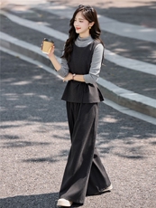 春秋套装裤女2025新款复古小香风绑带收腰打底衫马甲阔腿裤套装裙，女装套装/套裙，冬木谷雨