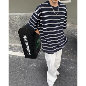 DT66-P35条纹短袖潮牌t恤男2025年夏季宽松休闲上衣港风百搭体恤图片