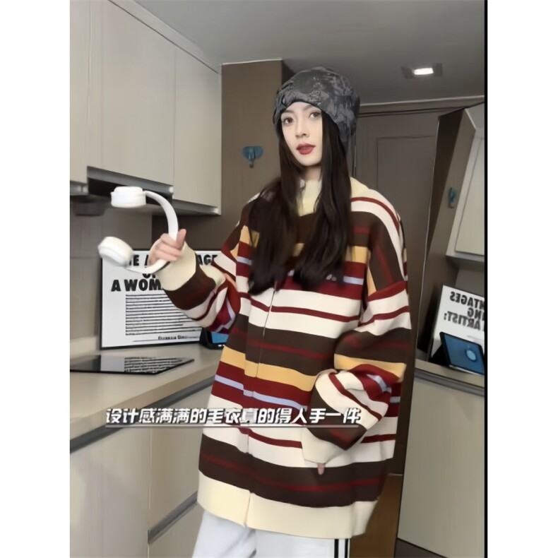 美式复古彩虹撞色针织衫青春情侣潮牌宽松外套毛衣XZ301A M01 P78图片