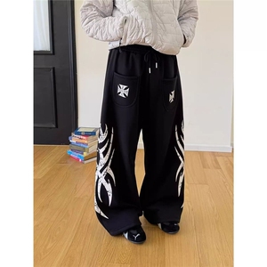 1506/QC180/P65美式复古口袋设计印花休闲裤宽松男女阔腿裤图片