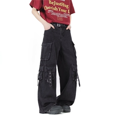 美式vibe高街口袋黑色工装牛仔裤男女秋宽松阔腿拖地裤RK3145-P72，男装牛仔裤，星座412-3