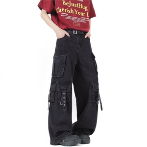 美式vibe高街口袋黑色工装牛仔裤男女秋宽松阔腿拖地裤RK3145-P72图片