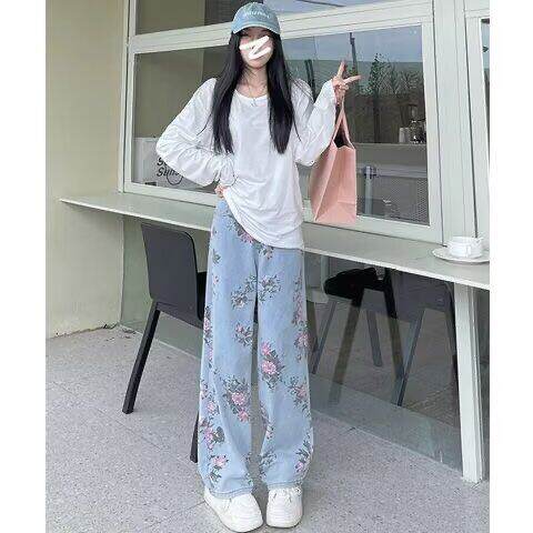 甜辣复古牛仔裤女新款设计感小众宽松高腰显瘦辣妹直筒阔腿裤，女装牛仔裤，星座506A