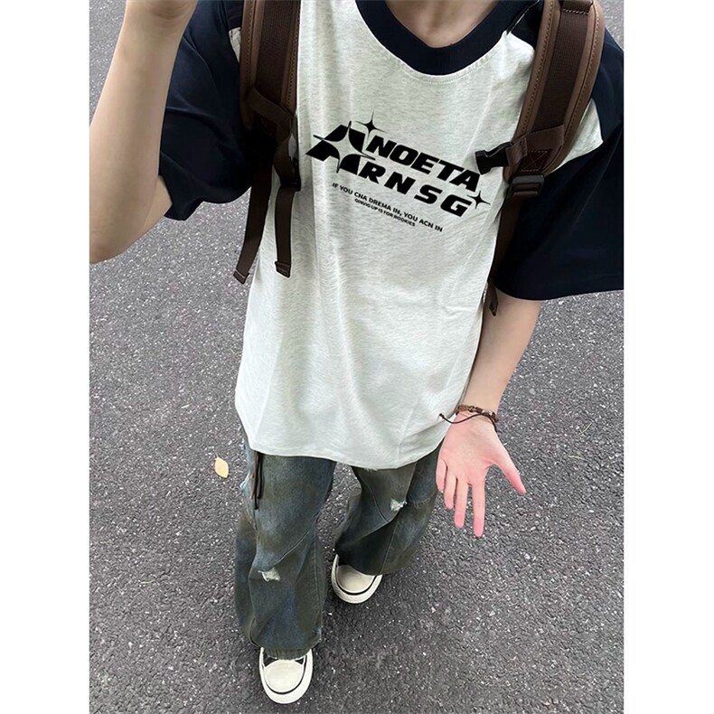 抖音得物高品质二开240克宽松纯棉美式潮牌插肩袖拼接短袖T恤图片