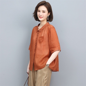 苎麻衬衫女短袖2022年夏季新款刺绣衬衣别致小衫潮图片