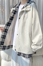 JK6006/P75春款现货假两件格子撞色连帽夹克男潮宽松大码上衣控99，男装夹克，电商A141