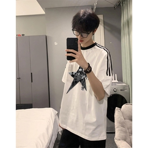 夏季美式高街重磅纯棉三条杠织带撞色男女短袖T恤ZD520-特P30图片