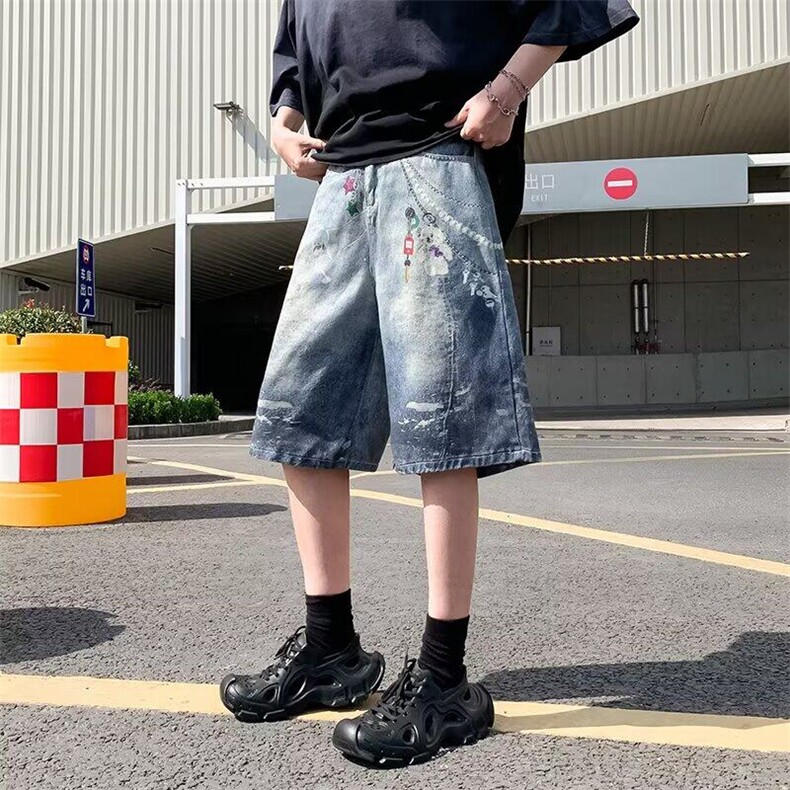 美式喷画链条印花牛仔七分裤2025夏季高腰宽松直筒短裤RK2895-51,男装牛仔裤,星座412-3