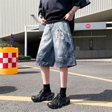 美式喷画链条印花牛仔七分裤2025夏季高腰宽松直筒短裤RK2895-51，男装牛仔裤，星座412-3