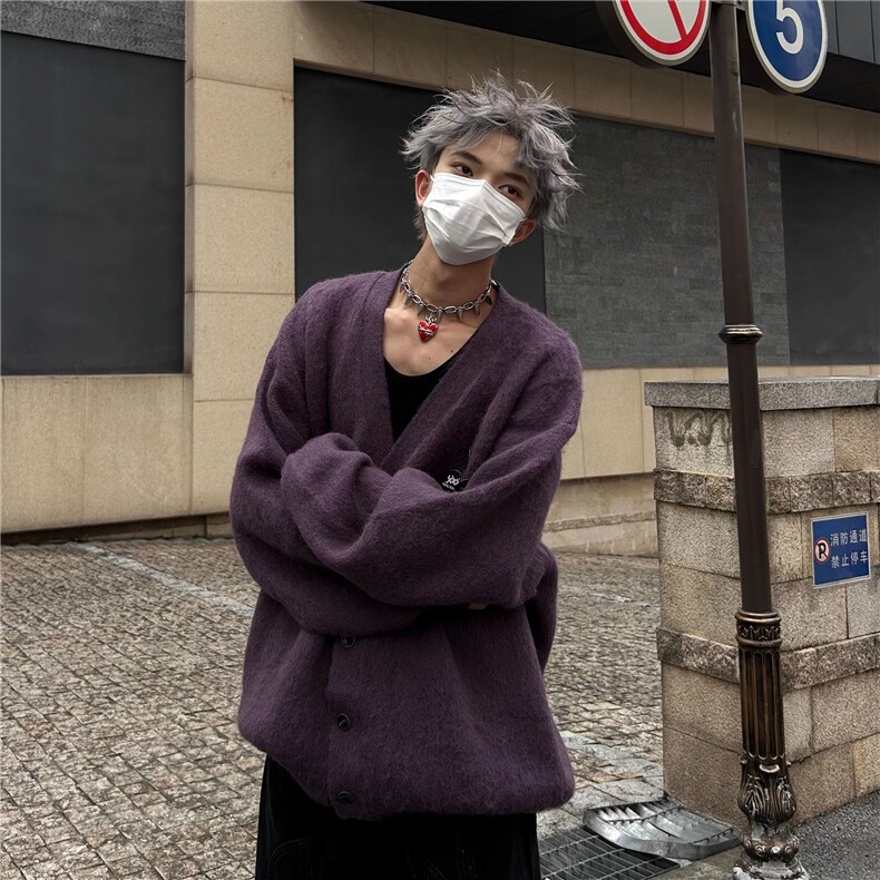 高级感紫色百搭V领针织开衫男女秋冬新款胸针宽松慵懒风毛衣外套，男装针织衫/毛衣，星座506A