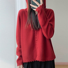 秋冬100%纯羊毛衫针织开衫女花边连帽长袖毛衣宽松羊绒衫外套帽衫，女装针织衫/毛衣，江南羊绒