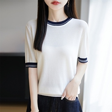 2025夏季天丝针织短袖女拼色圆领T恤上衣宽松提花半袖打底，女装T恤，暖烁羊绒