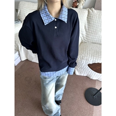 网图~老钱风miu系格纹假两件拼接polo长袖卫衣W1369/特P40，男装Polo衫，电商B350