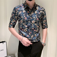 店主风社会小伙男士修身印花中袖衬衫男休闲衬衣301A-1/CS386/P55，男装衬衫，星座301A-1