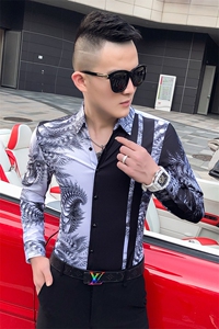 2021春秋衬衫社会男长袖上衣印花男装韩版修身四季潮流衬衣Q840-P55图片