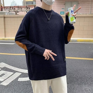 毛衣男ins潮牌拼接复古圆领针织衫秋冬季韩版宽松百搭情侣毛线衣图片