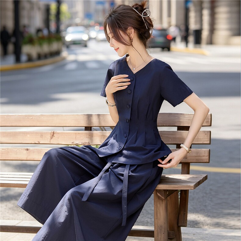 休闲时尚阔腿裤套装女夏装2026年新款收腰显瘦减龄气质干练两件套,女装套装/套裙,水衣源