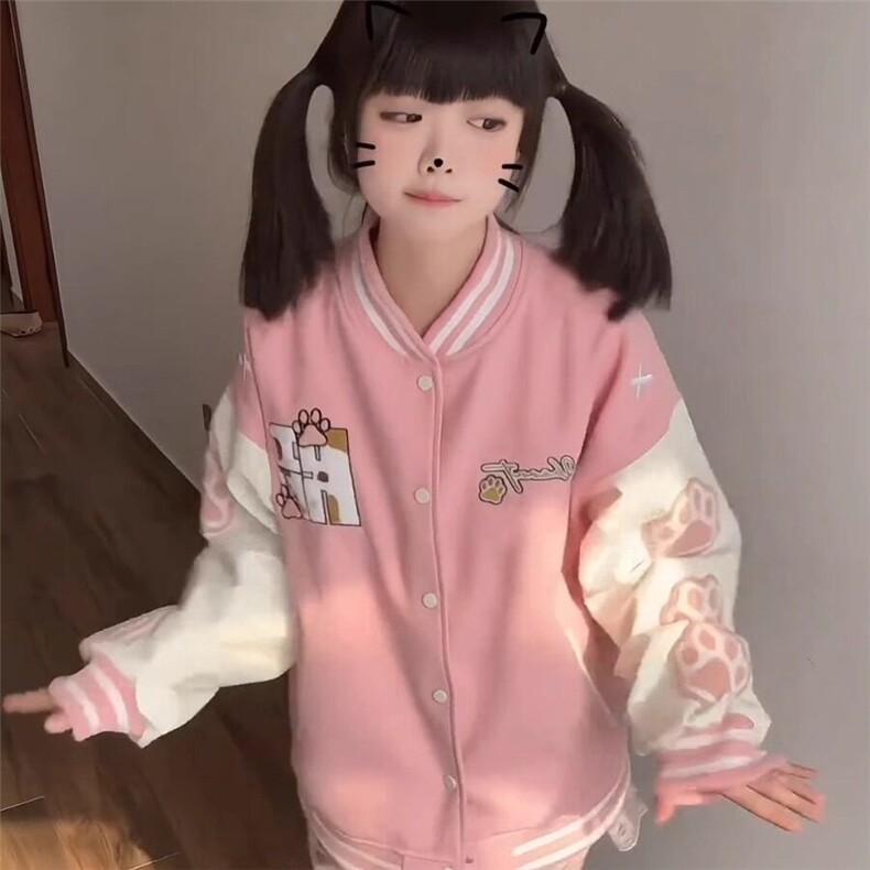 龙凤棉+PU美式复古猫爪刺绣撞色棒球服慵懒风宽松百搭外套,男装夹克,星座506A