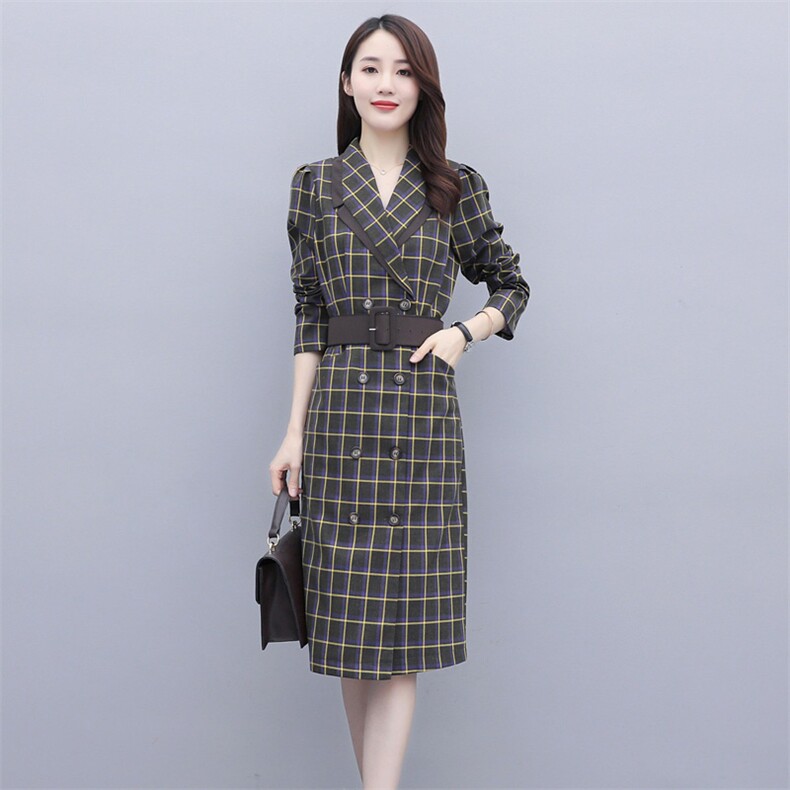 2025春款时尚优雅格子连衣裙修身显瘦长袖V领气质女装,女装连衣裙,施恩睿棋