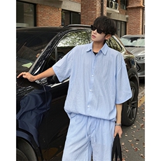 时尚套装男慵懒风条纹蓝色短裤长袖衬衫套装潮流时尚套装特P55，男装牛仔裤，电商B319