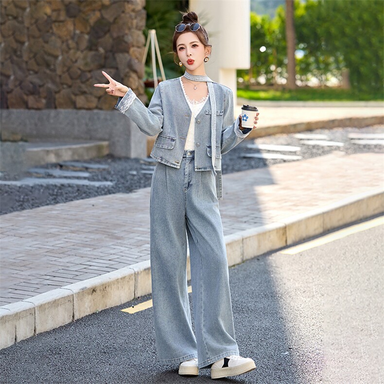 时尚蕾丝花边牛仔套装女2025春季新款超火穿搭短外套阔腿裤两件套,女装套装/套裙,贵人树