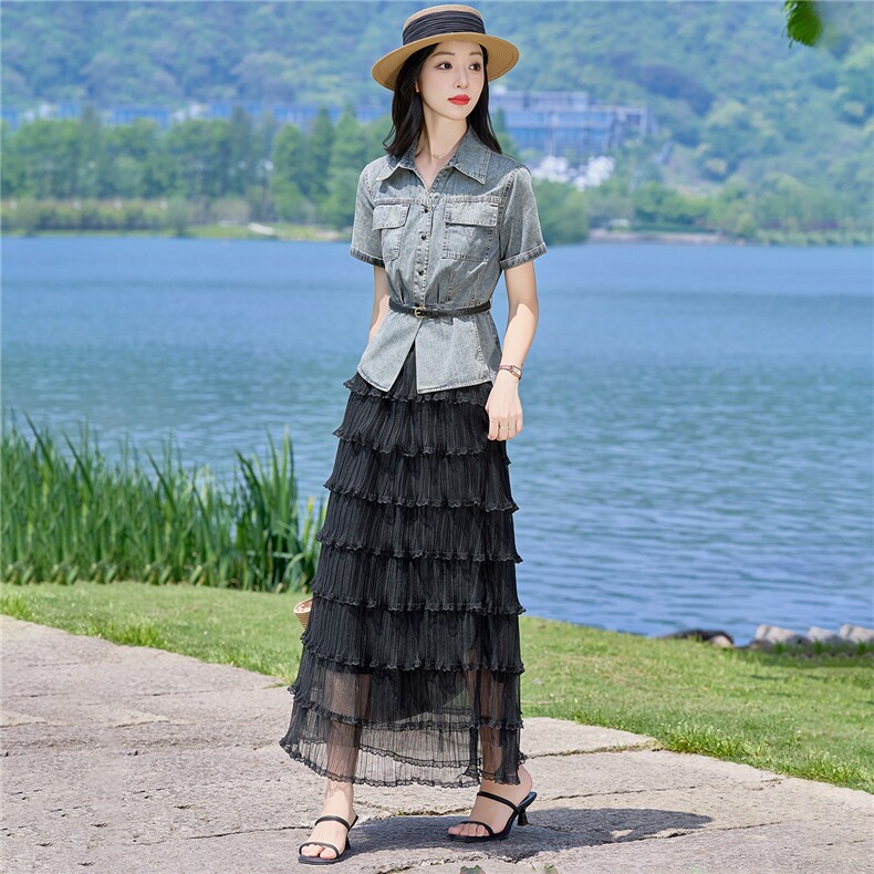 （新款现货）2026夏时尚薄牛仔短袖上衣+蛋糕纱裙两件套（配腰带,女装套装/套裙,印象茜