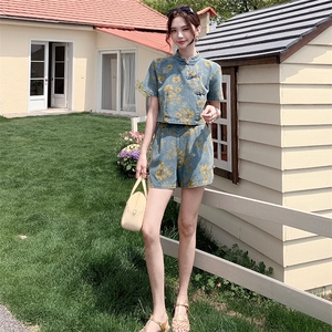 新中式风盘扣牛仔套装裙女2025年夏季新款复古印花半身裙两件套