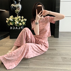 网红炸街时尚运动套装女夏新款粉色扎染短袖上衣高腰阔腿裤两件套，女装套装/套裙，江南