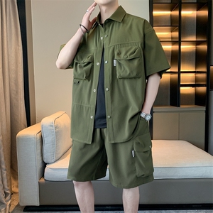 夏季短袖衬衫套装男女美式复古工装潮牌帅气两件套无性别穿搭衬衣图片