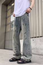 美式休闲痞帅复古做旧脏洗泼墨牛仔裤男直筒宽松高街阔腿裤子，男装牛仔裤，星座302B-2