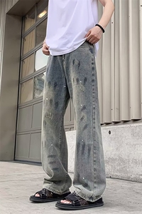 美式休闲痞帅复古做旧脏洗泼墨牛仔裤男直筒宽松高街阔腿裤子图片