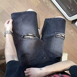 破洞牛仔裤男女韩版潮流高街帅百搭2025夏季ins五分裤RK2747-P43图片
