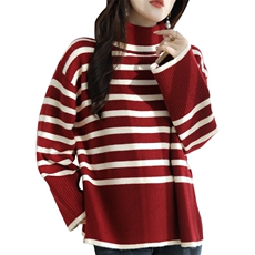 慵懒风气质~宽松条纹针织衫女加厚开叉2025秋冬新款拼色高领毛衣，女装针织衫/毛衣，特麦惠羊绒