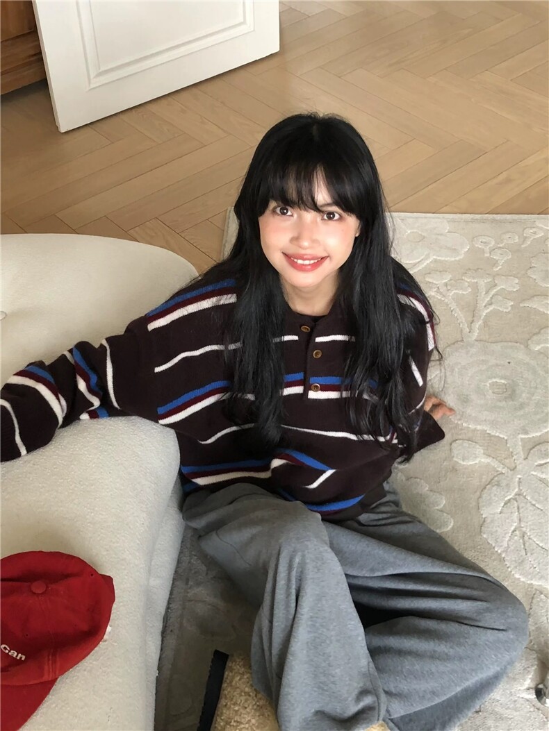 2025年秋季新款百搭女士条纹撞色套头圆领针织衫,针织衫/毛衣,雪真羊绒高端店