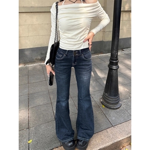 美式复古辣妹低腰微喇牛仔裤女春季新款弹力修身显瘦直筒喇叭裤子图片
