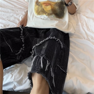 高街潮牌毛边牛仔短裤2024夏季宽松直筒休闲五分裤现货 K7852-P35图片