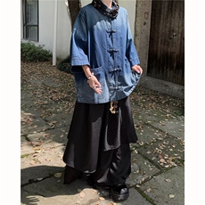 风水洗做旧牛仔衬衫外套男生夏季宽松复古盘扣短袖衬衣，男装衬衫，星座716-3