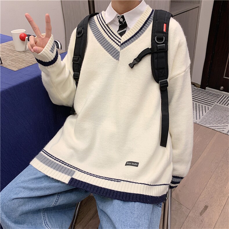 2023新款V领撞色毛衣冬季港风ins潮版宽松毛绒衣CM298-P35,男装针织衫/毛衣,星座512-3
