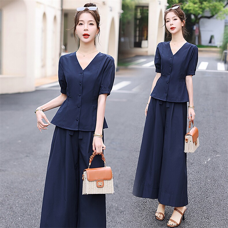 气质2025夏新款女套装时尚大气V领收腰上衣裙裤两件套，女装套装/套裙，水衣源