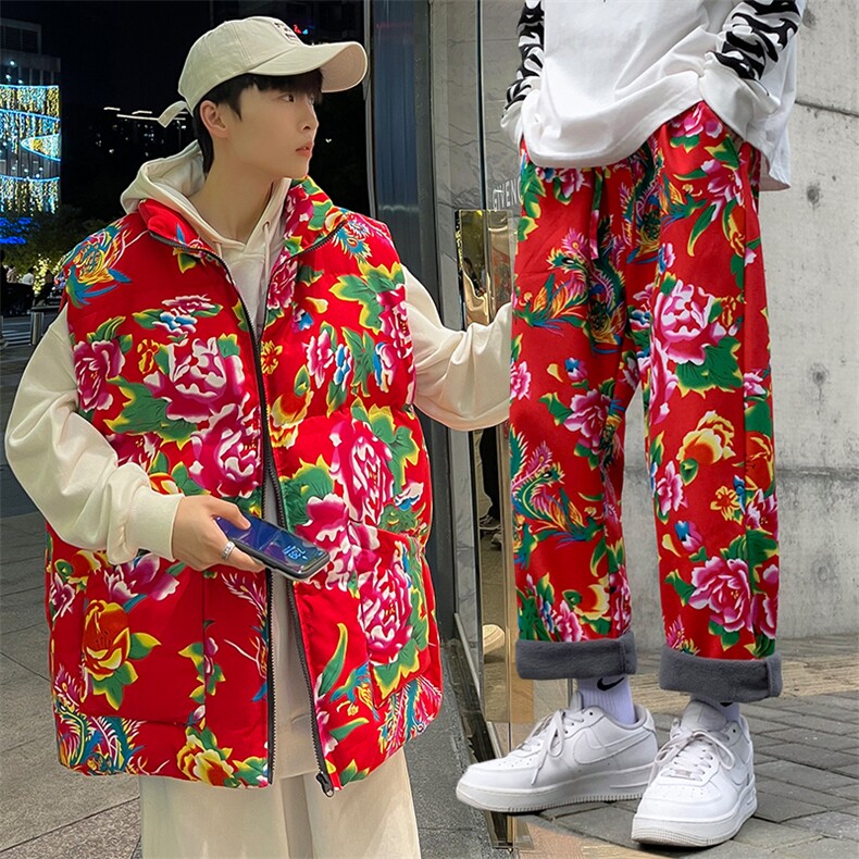 XZ115ATT1东北大花马甲套装秋冬风汉服棉马甲加绒裤套装土潮,男装休闲套装,星座115A(原星座507）