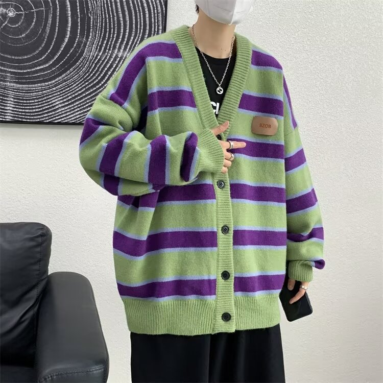 日系拼色条纹开衫毛衣男秋冬ins潮休闲外套慵懒风宽松毛线针织衫,男装针织衫/毛衣,星座506