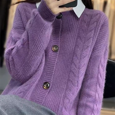 祖母风麻花开衫女宽松圆领纽扣针织外套毛衣2025新款加厚打底上衣，女装针织衫/毛衣，萱芳婷羊绒