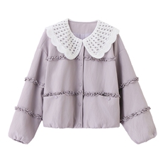 2026年春季新款时尚减龄韩系花边大翻领撞色百搭皮衣外套，女装短外套，奕薇雅